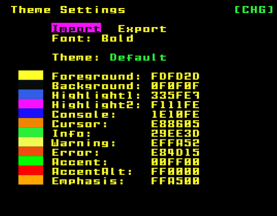 screen capture of theme settings screen